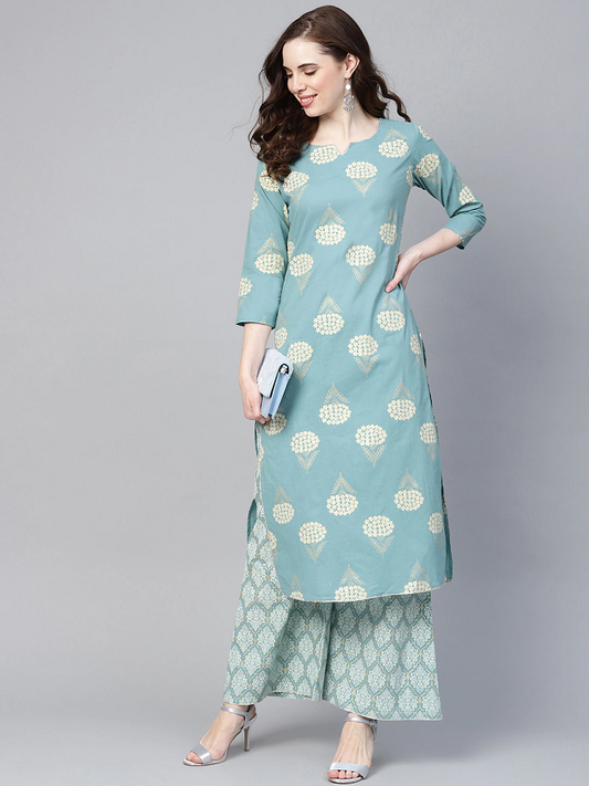 Women Blue Printed Kurta with Palazzos