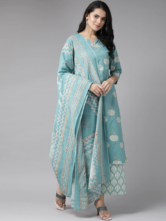 Women Blue & Off-White Printed Kurta Set