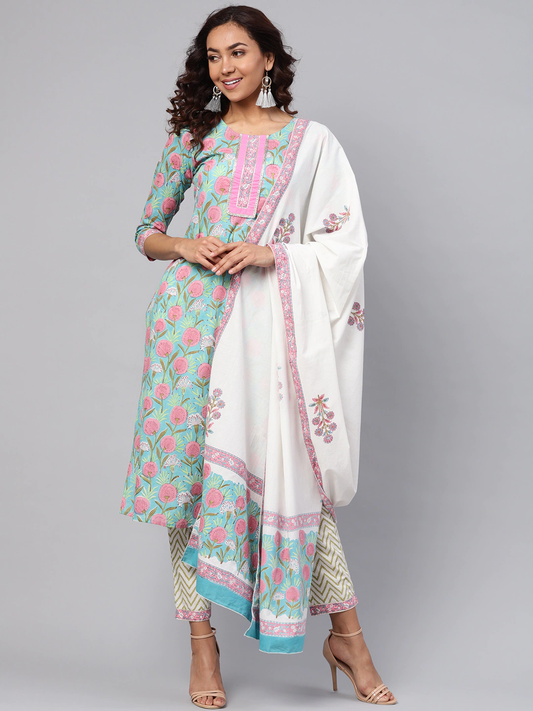Women Blue & Off-White Printed Kurta Set