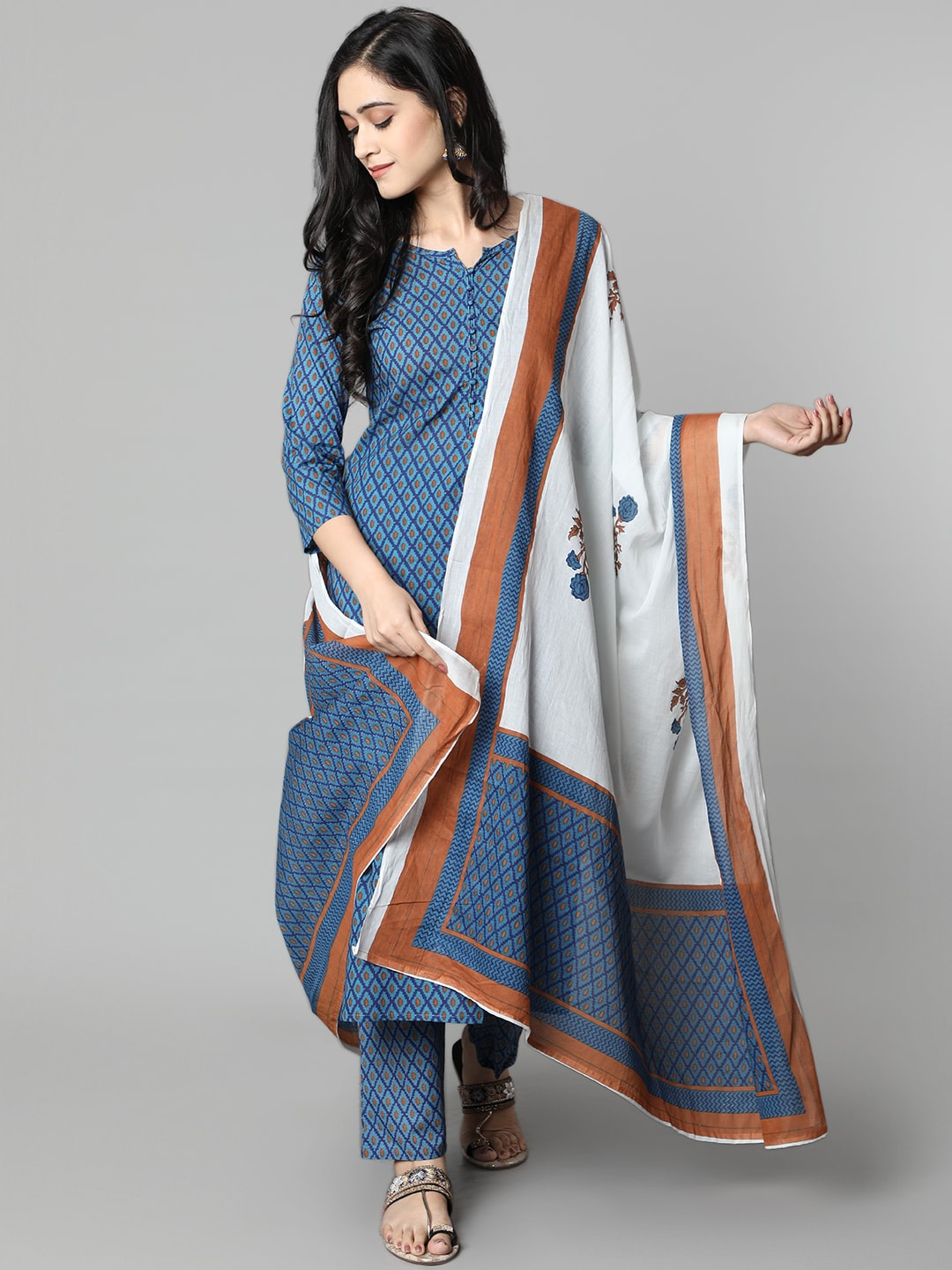 Women Blue & Orange Ethnic Kurta Set
