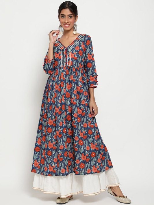 Women Blue & Red Floral Anarkali Kurta