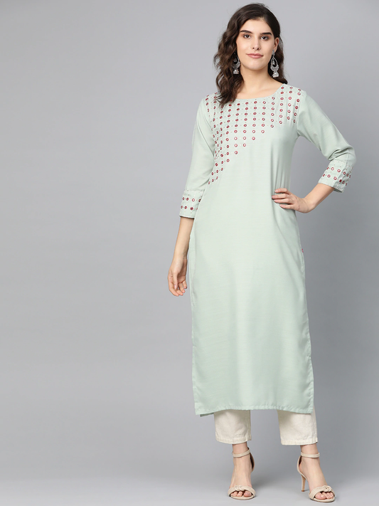 Women Mirror Work Yoke Design Straight Kurta