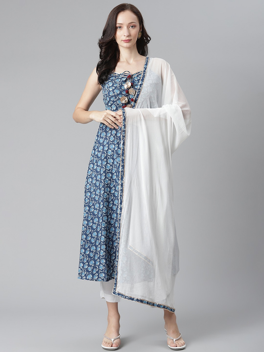 Women Blue & White Floral Print Kurta Set