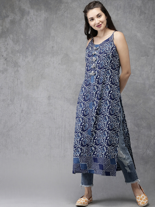 Women Blue & White A-Line Kurta