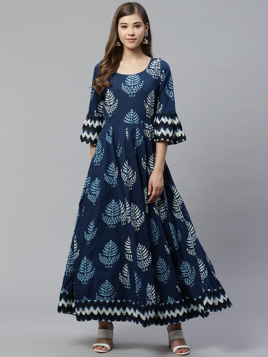 Women Blue & White Printed Anarkali Kurta