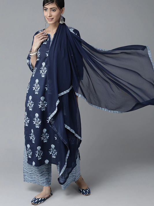 Women Blue & White Printed Kurta Set