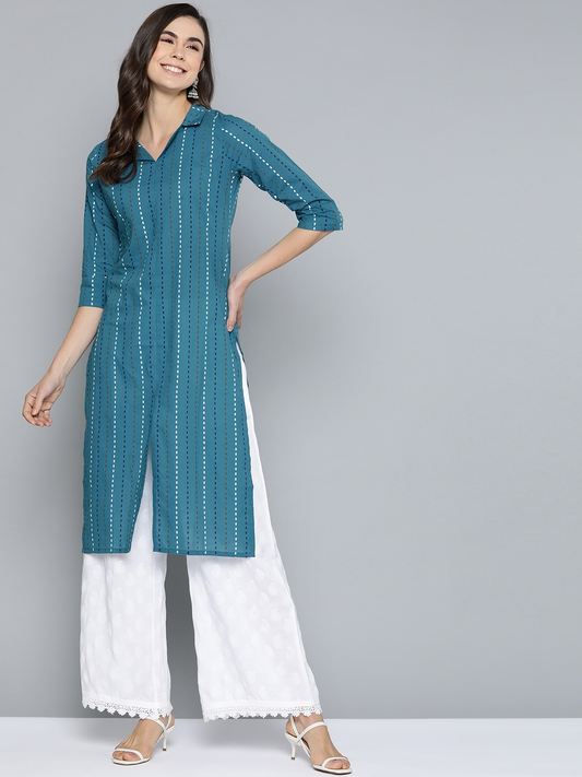 Women Blue & White Straight Kurta
