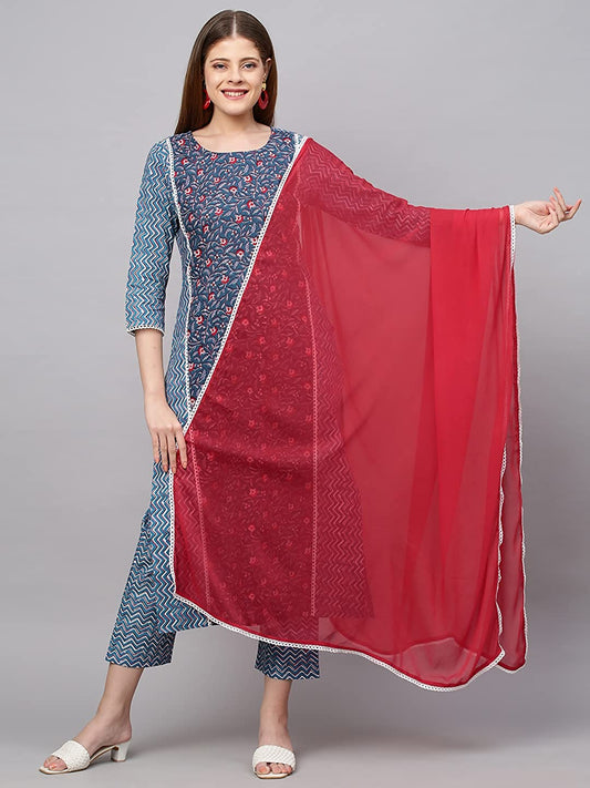 Women Blue&Red Cooton Blend Kurta set