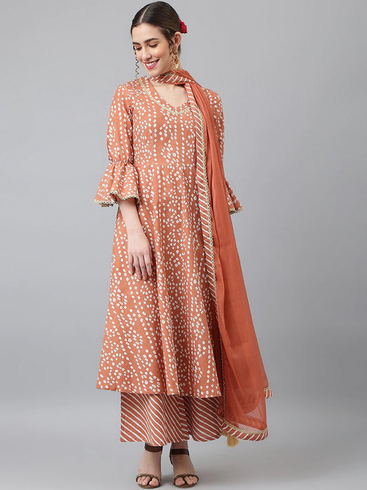 Women Brown Ethnic Motifs Printed Cotton Kurta Set