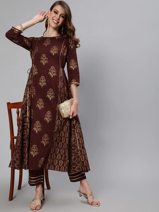 Women Brown Ethnic Printed Kurta Set