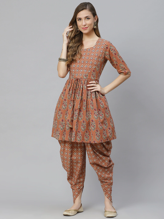 Women Brown Floral Printed Cotton Kurti Set
