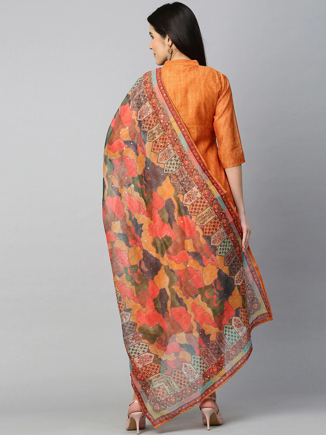 Women Brown Floral Printed Thread Work Chanderi Silk Kurta With Dupatta