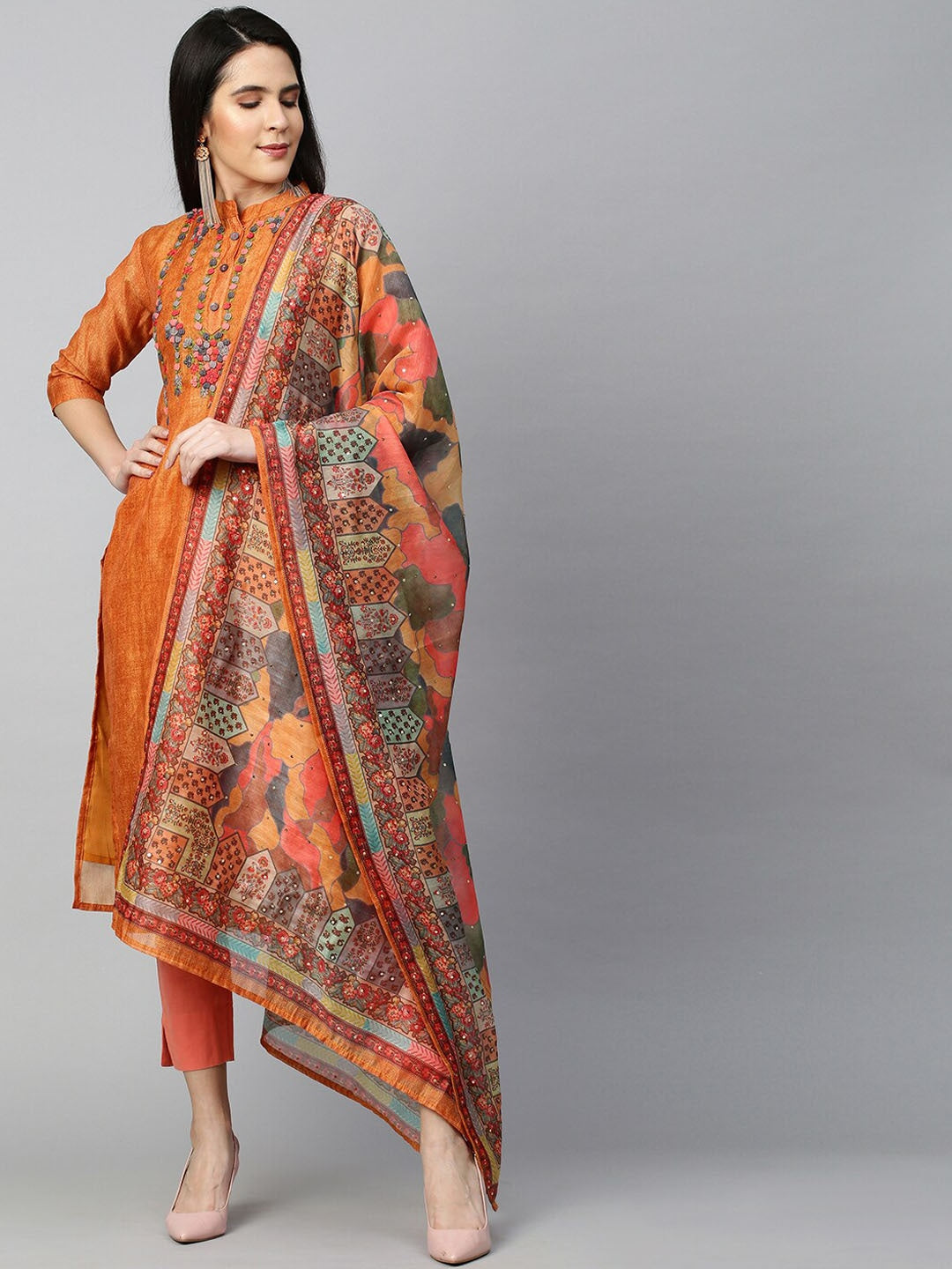 Women Brown Floral Printed Thread Work Chanderi Silk Kurta With Dupatta