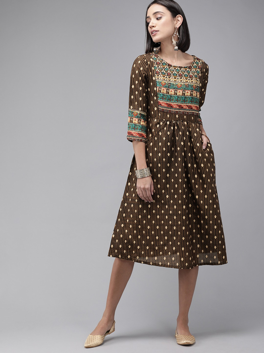 Women Brown Printed A-Line Dress