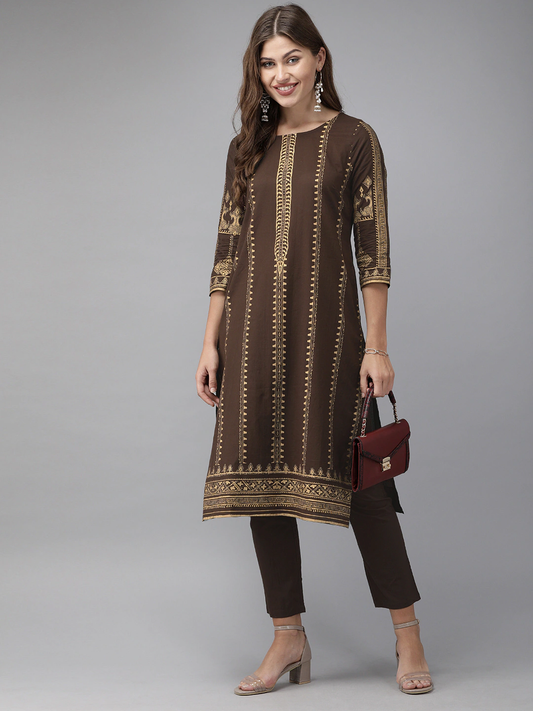 Women Brown & Beige Kurta Set
