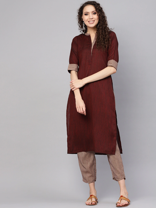 Women Brown & Maroon Kurta Set