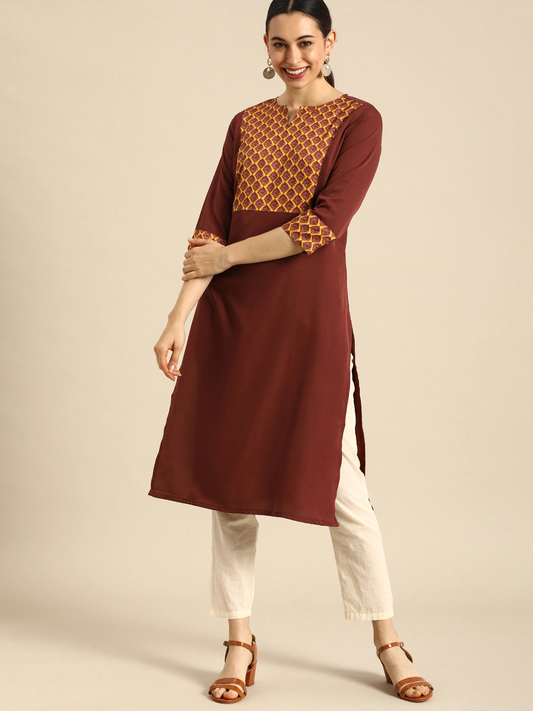 Women Brown & Yellow Yoke Design Kurta