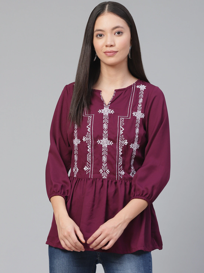 Women Burgundy Embroidered Peplum Top