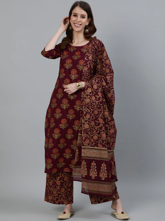Women Burgundy Color Pure Cotton Kurta Set