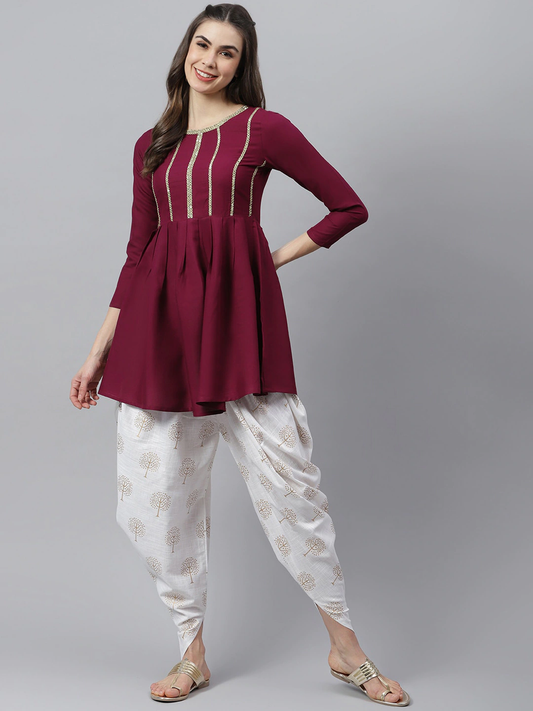 Women Burgundy Yoke Design Kurta Set