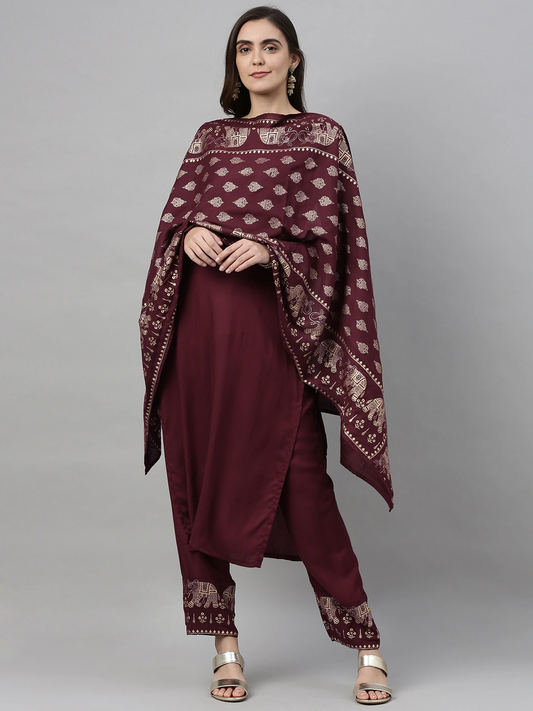 Women Burgundy Printed Kurta with Trousers & Dupatta