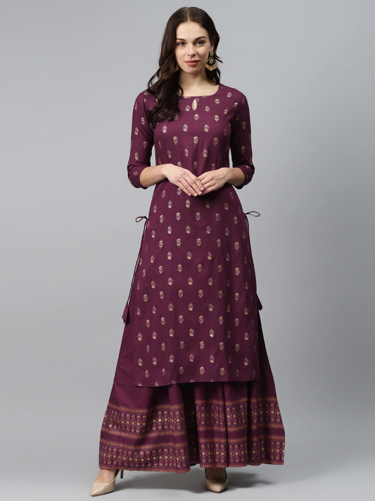 Women Burgundy & Golden Printed Kurta Set