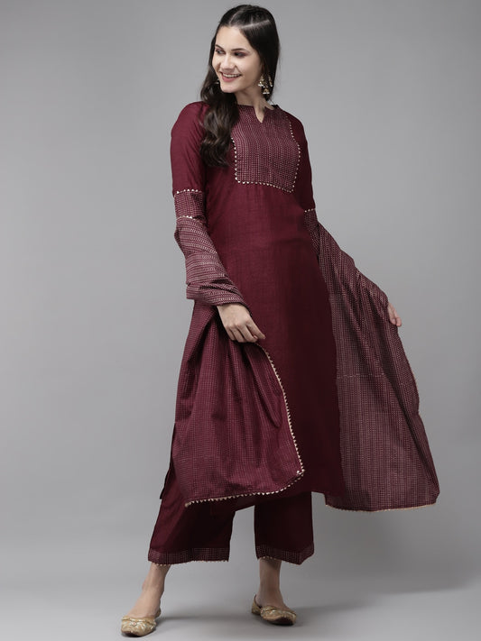 Women Burgundy & Golden Yoke Design Kurta Set