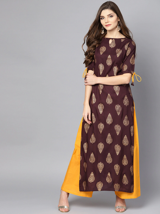 Women Burgundy Printed Kurta Set