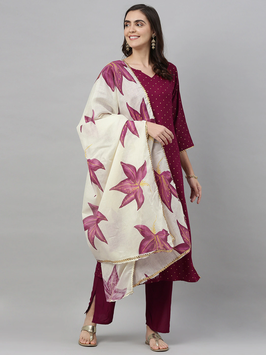 Women Burgundy & Off-White Kurta Set