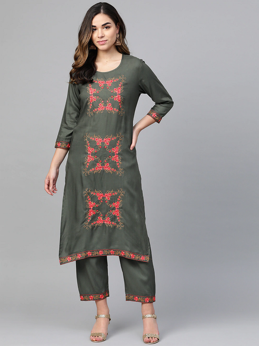 Women Charcoal Grey Kurta with Trousers