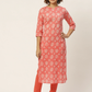 Women Coral Orange & Cream Cotton Kurta Set