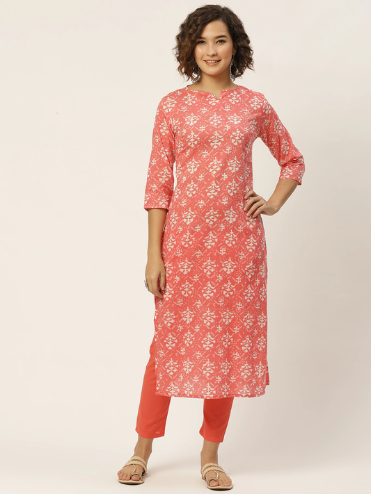 Women Coral Orange & Cream Cotton Kurta Set
