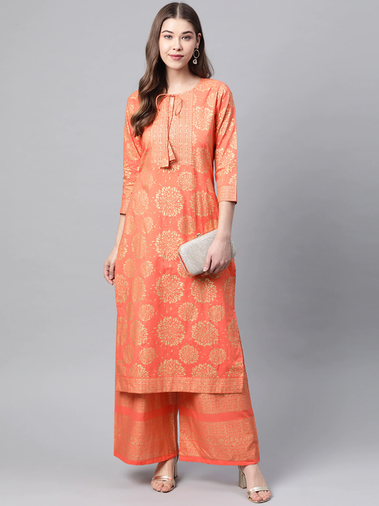 Women Orange & Golden Cotton Kurta Set