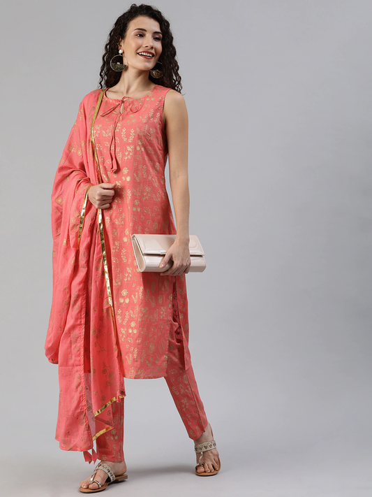 Women Coral Pink & Golden Printed Kurta Set