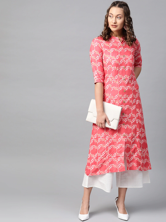 Women Coral Pink Printed Kurta Set