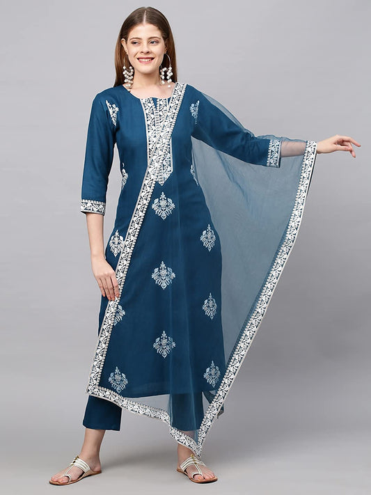 Women Cotton Blend Embroidered Blue Kurta set