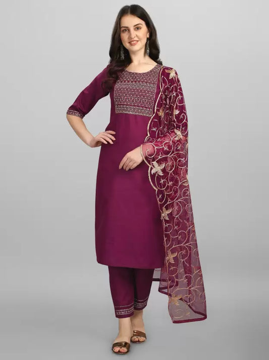 Women Cotton Blend Maroon Burgundy Embroidered Kurta and Pant Set