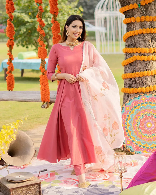Women Cotton Blend Pink Anarkali Kurta set with Dupatta