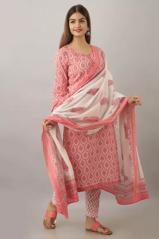 Women Cotton Blend Pink White Kurta set