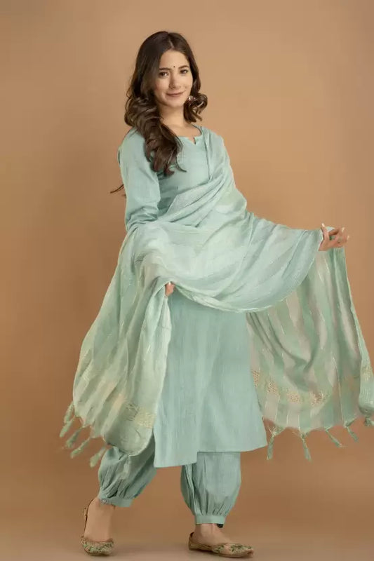 Women Cotton Blend Sky Blue Kurta Set with Dhoti pants