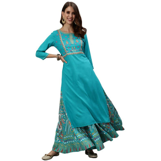 Women Cotton Blue Kurta Skirt set