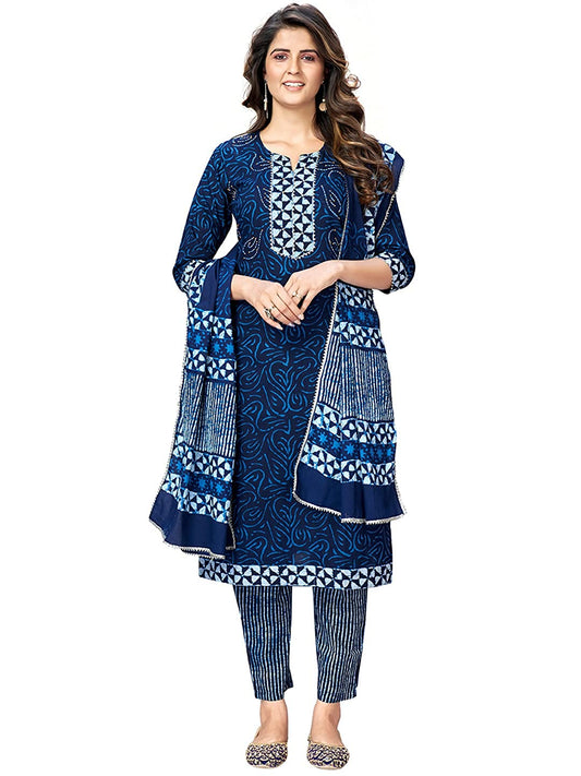 Women Cotton Blue Kurta set with Dupatta