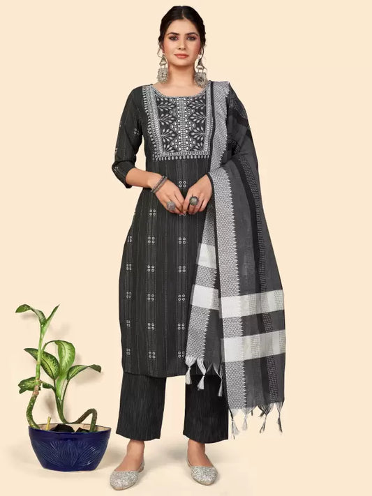 Women Cotton Black Kurta set with Dupatta