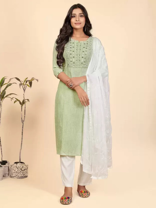 Women Cotton Light Green Kurta set with Dupatta