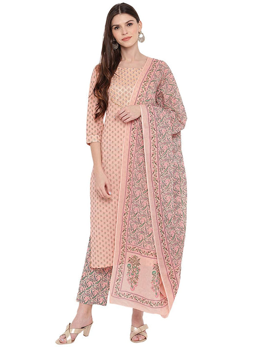 Women Cotton Pink Kurta set with Dupatta