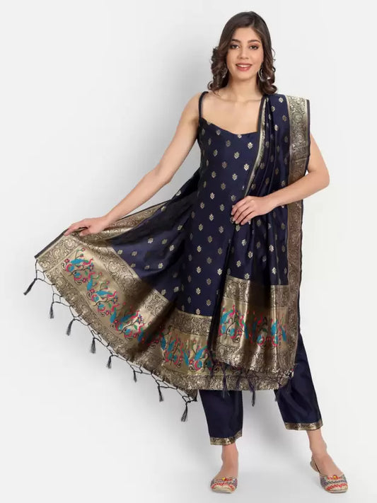 Women Cotton Silk Blue Kurta set with Dupatta