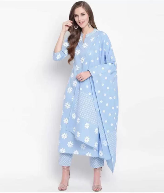 Women Cotton Sky Blue Kurta set