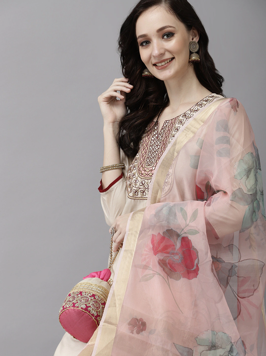 Women Cream-Coloured Liva Thread Work Kurta Set