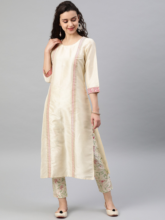Women Cream-Coloured Kurta with Trousers