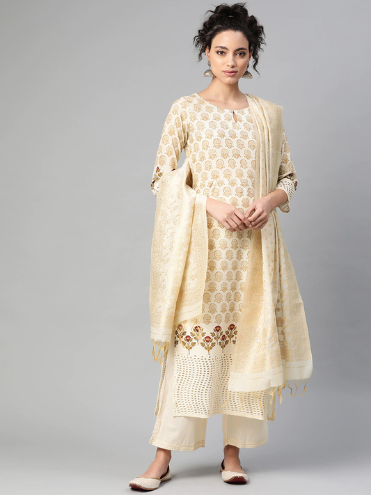 Women Cream-Coloured Foil Print Kurta with Palazzos & Dupatta